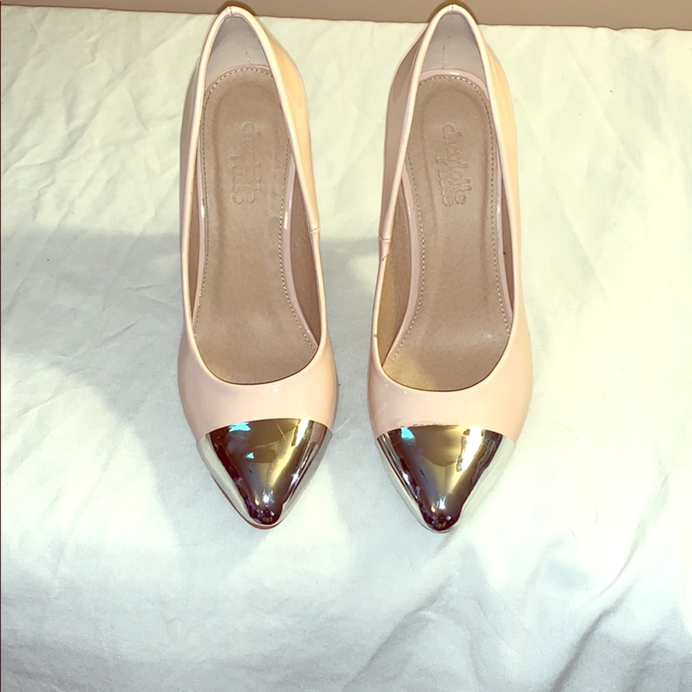 Nude silver cap toe pumps